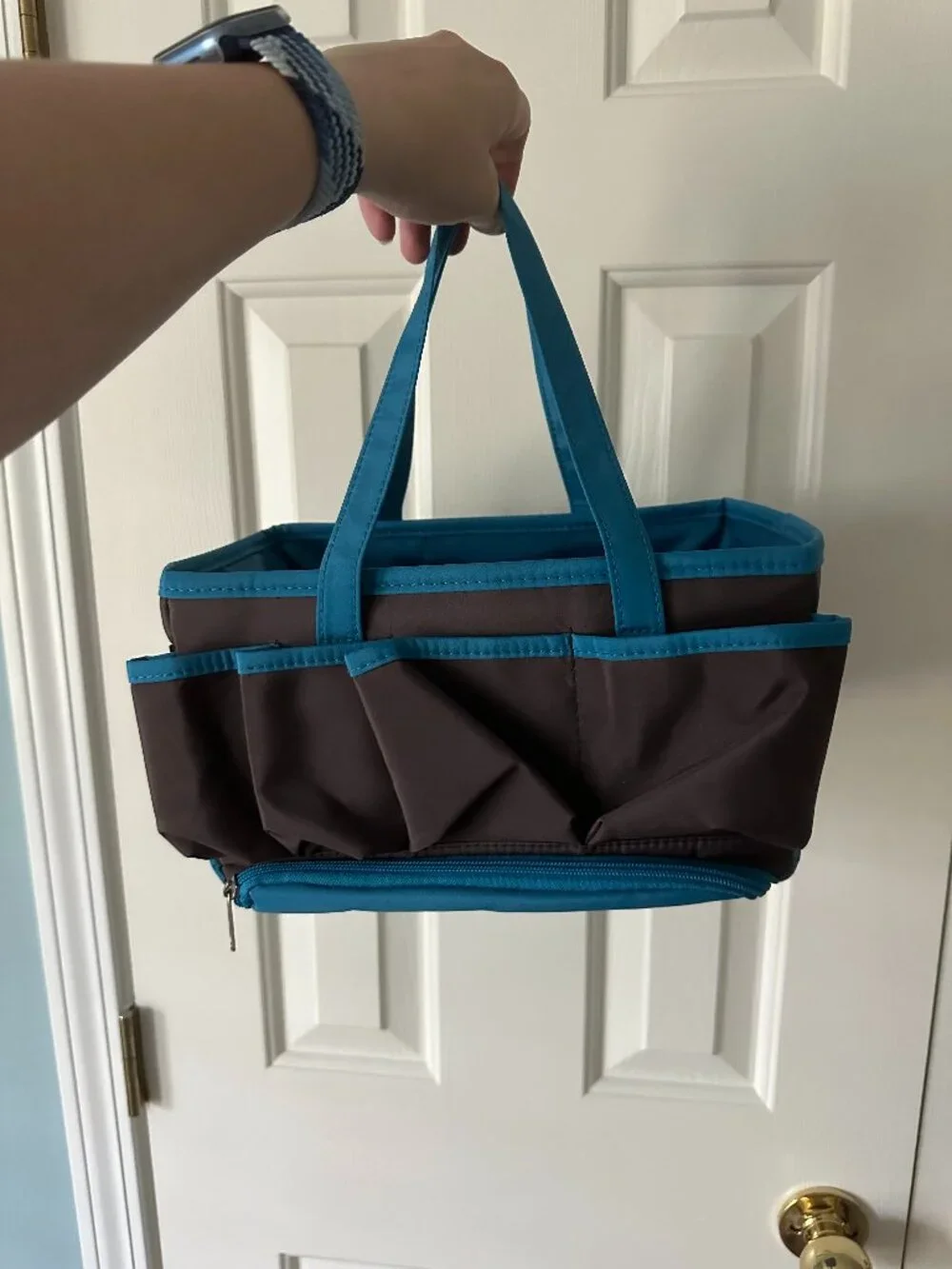 Brown and Blue Multi-Pocket Organizer Tote Bag